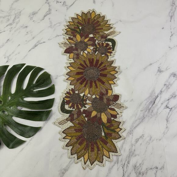 Pier 1 Sunflower Floral Beaded Table Runner 13x36 in Yellow Gold Fall Autumn - Picture 1 of 8